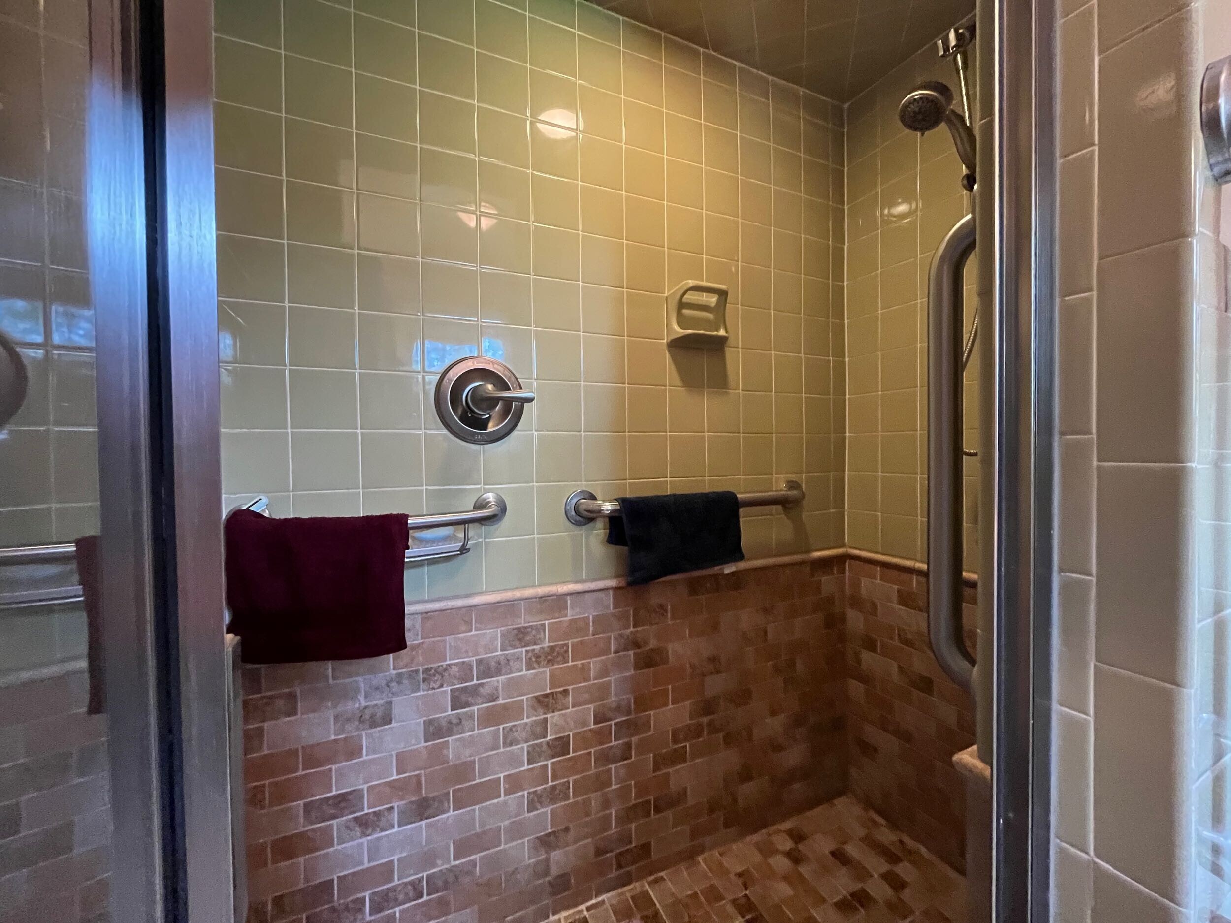 Existing shower before renovation with outdated tile, fixtures, and limited accessibility features.