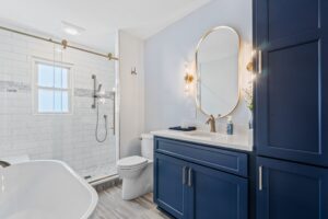 Blue bathroom remodel by mcdrake remodeling