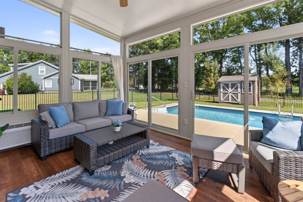 Year-round Four Season Sunroom interior with pool views in Chesapeake, VA