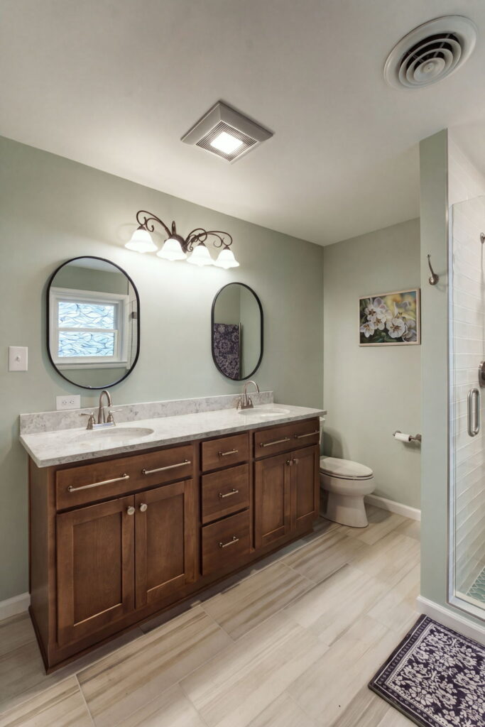 Green Forest double vanity with Cambria Trafalgar quartz countertop