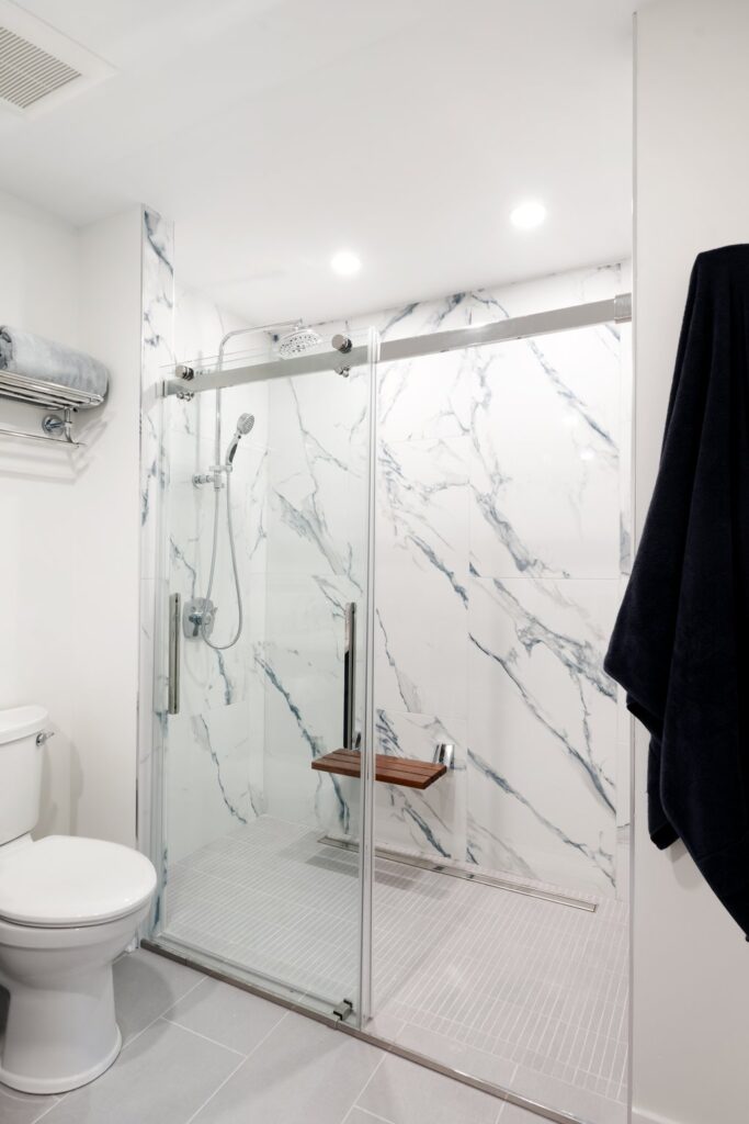 Modern, Walk-in Shower with Marbled-Tile