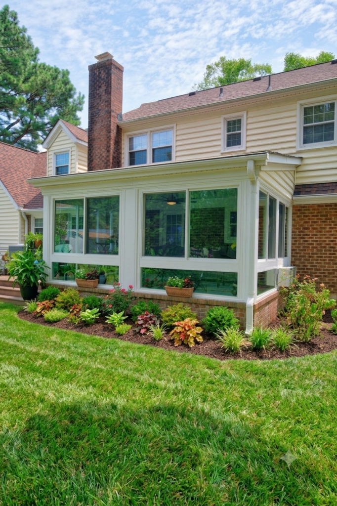 Finished Betterliving vinyl four-season sunroom overlooking the backyard in Poquoson, Virginia.